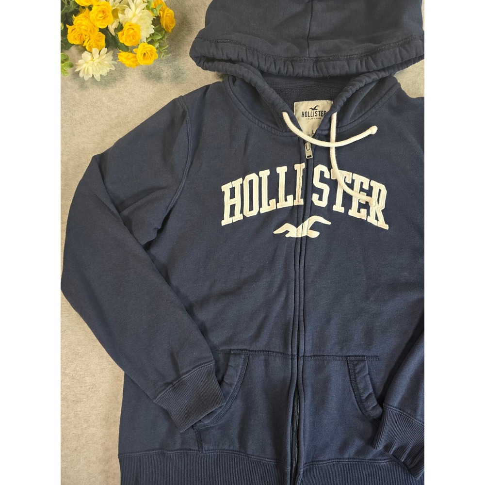 Hollister Mens Full Zip Hoodie Navy Blue Embroidered Sweatshirt Large Y2K